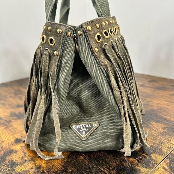 Prada Canapa Fringed Tote Bag Olive Green - Picture 3 of 16